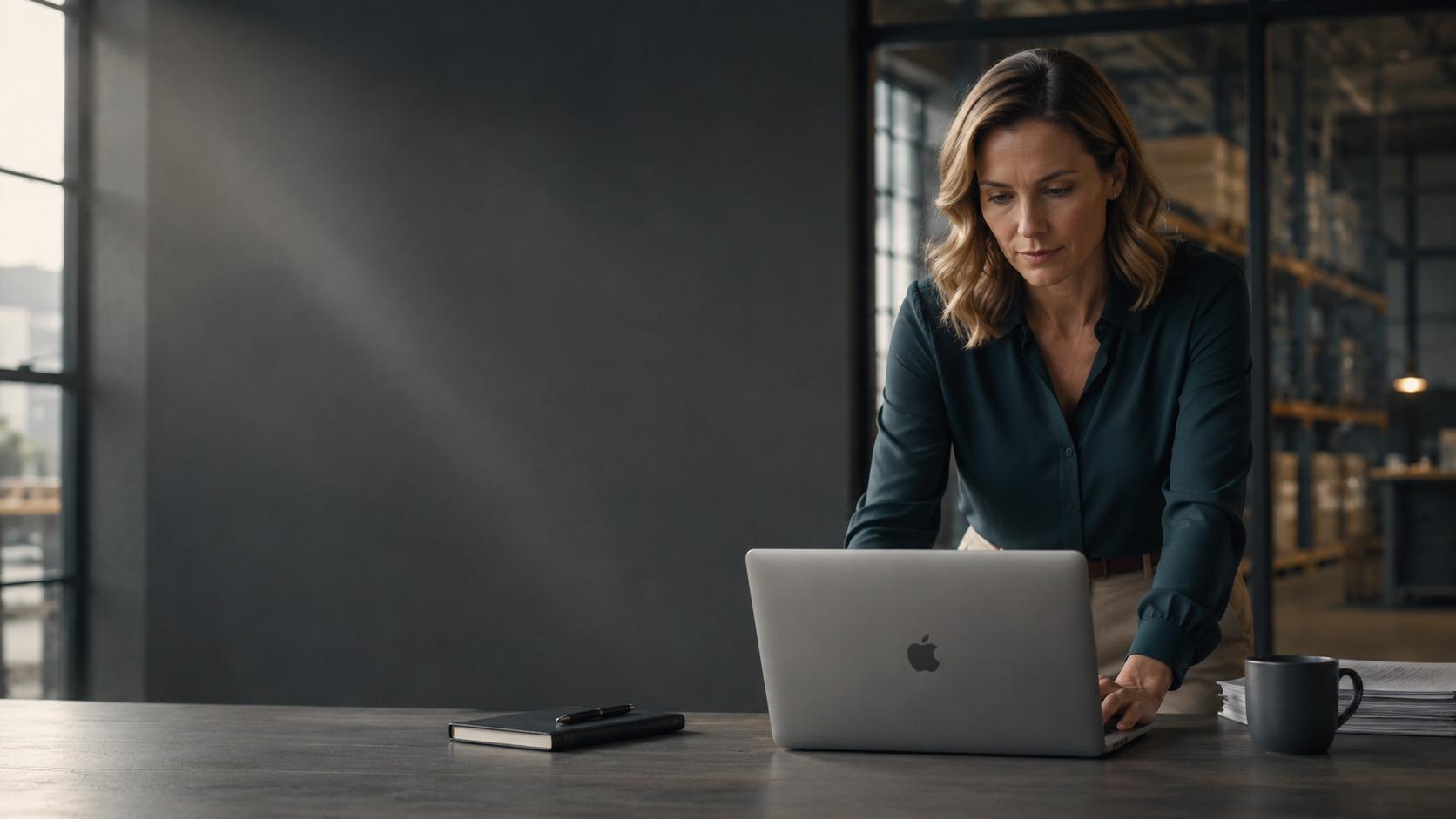 Finance manager reviewing accounts payable on a laptop in a manufacturing facility